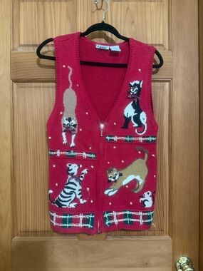 Vintage 90's Christmas Kitty Cat Ugly Sweater Vest Medium